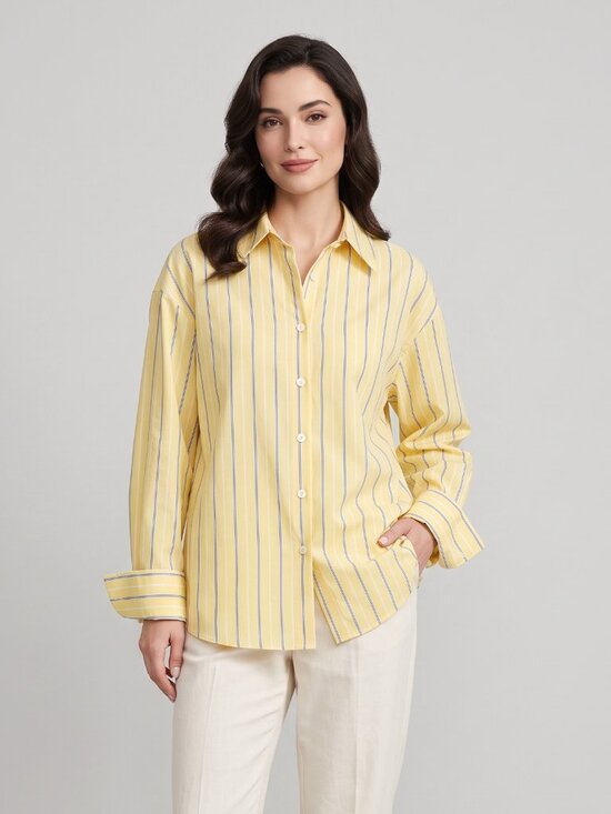 Tops - Women's Yellow Striped Button Up Shirt Long Sleeve Casual Oversized Blouse